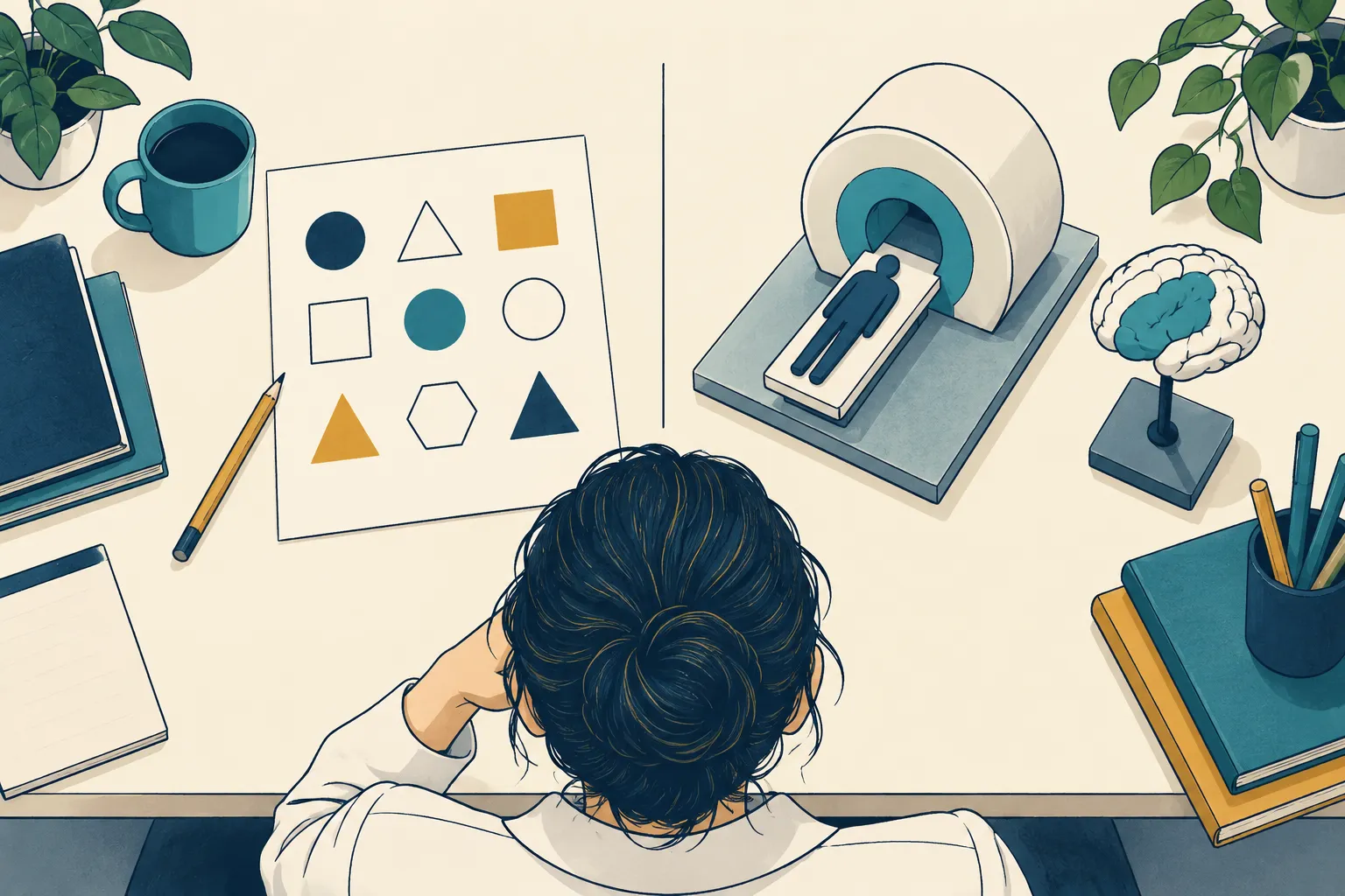 Deux outils pour deux observations différentes Schéma conceptuel séparant une tâche cognitive sur papier et un appareil IRM.
