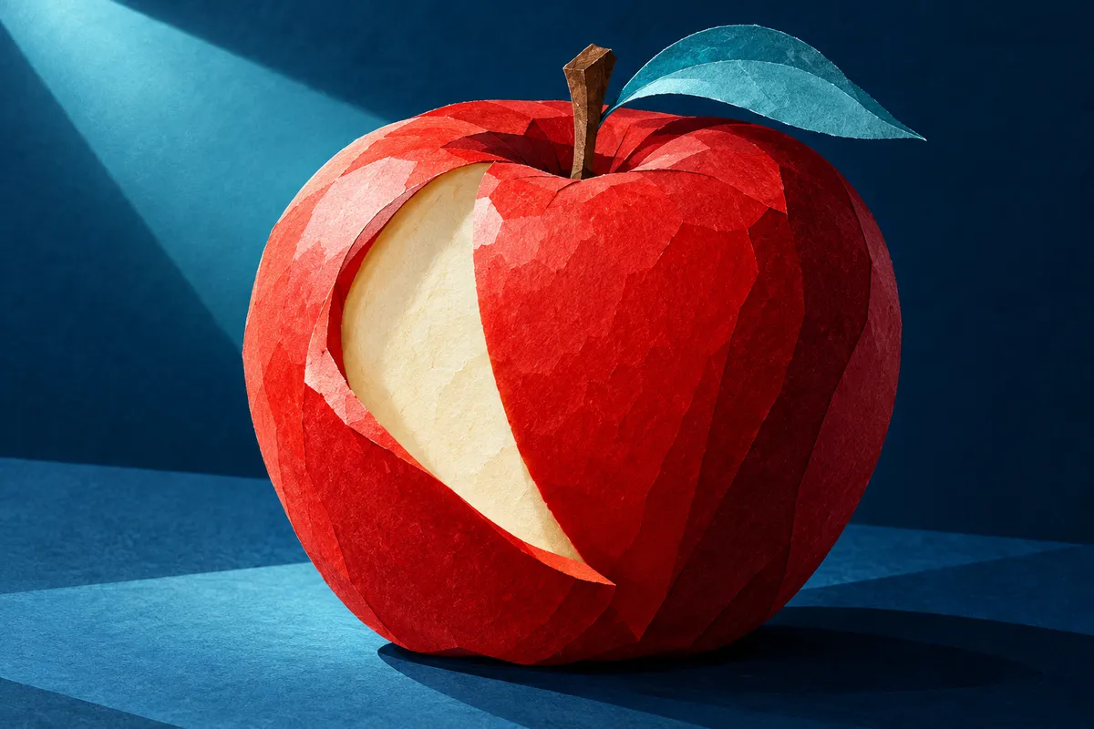 Illustration en découpes de papier : une pomme rouge ouverte laisse voir sa chair sous un discret faisceau lumineux.