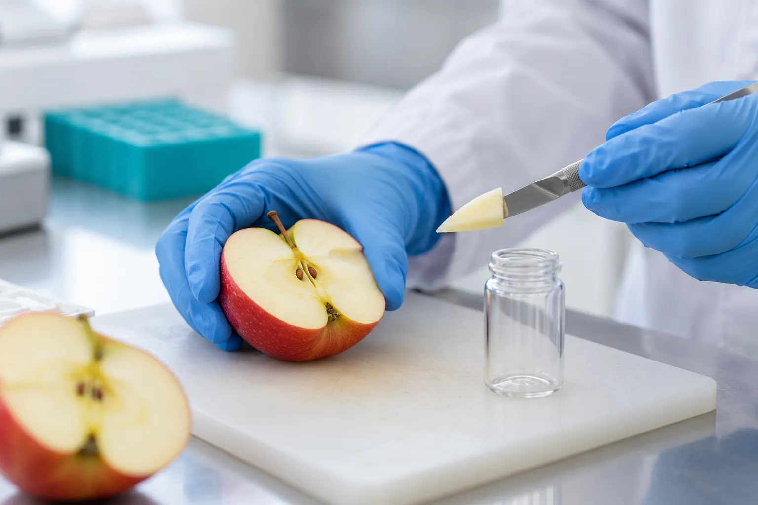 Des mains gantées prélèvent un fragment d’une pomme coupée sur une paillasse de laboratoire neutre.