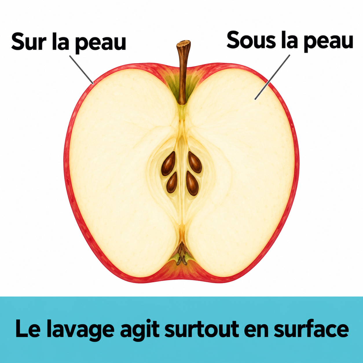 Coupe schématique de pomme : sur la peau et sous la peau sont distingués. Le lavage agit surtout en surface.