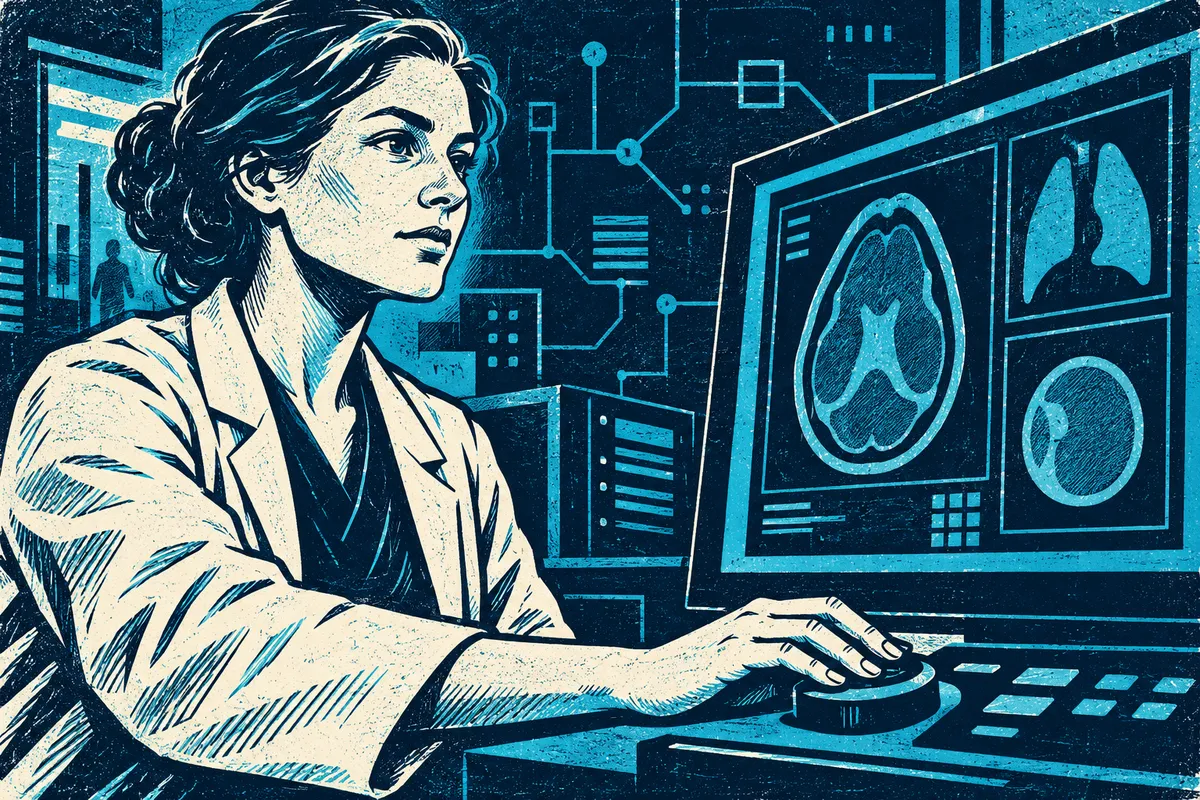Dessin éditorial d’une radiologue stylisée devant un écran abstrait, évoquant le contrôle humain des outils médicaux.