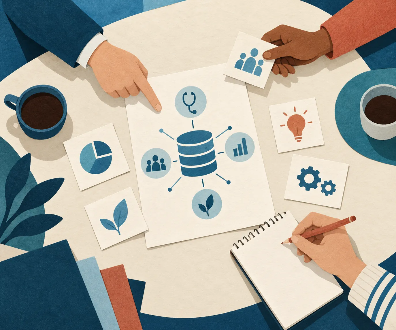 Illustration de mains réunies autour de documents abstraits, pour évoquer la discussion et la responsabilité partagée dans les usages médicaux des données.
