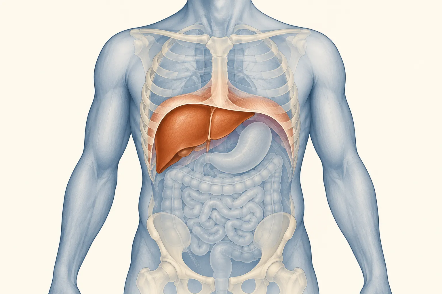 Schéma simplifié situant le foie dans la partie supérieure droite de l’abdomen.
