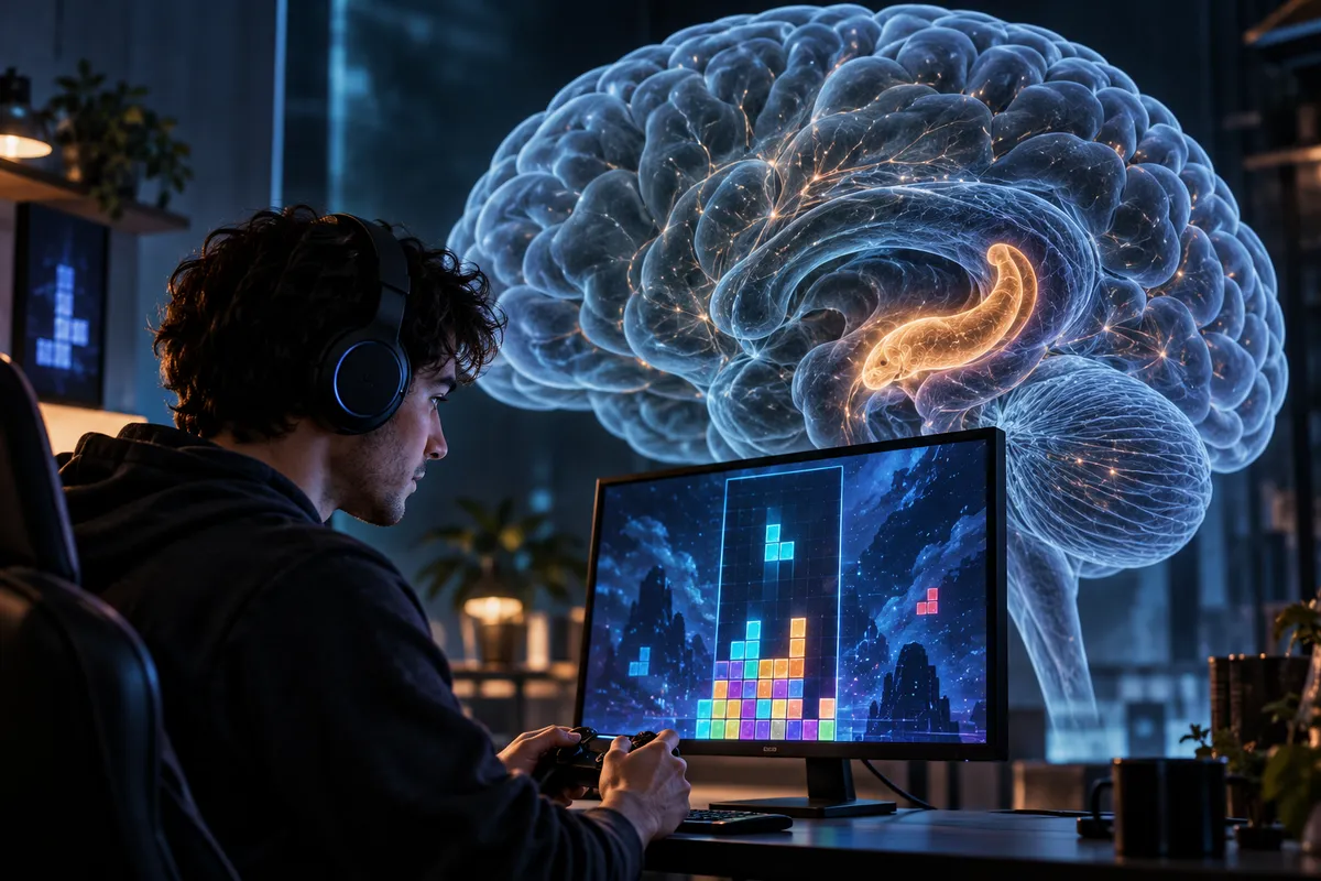 Composition illustrative associant un joueur et une représentation anatomique stylisée du cerveau.