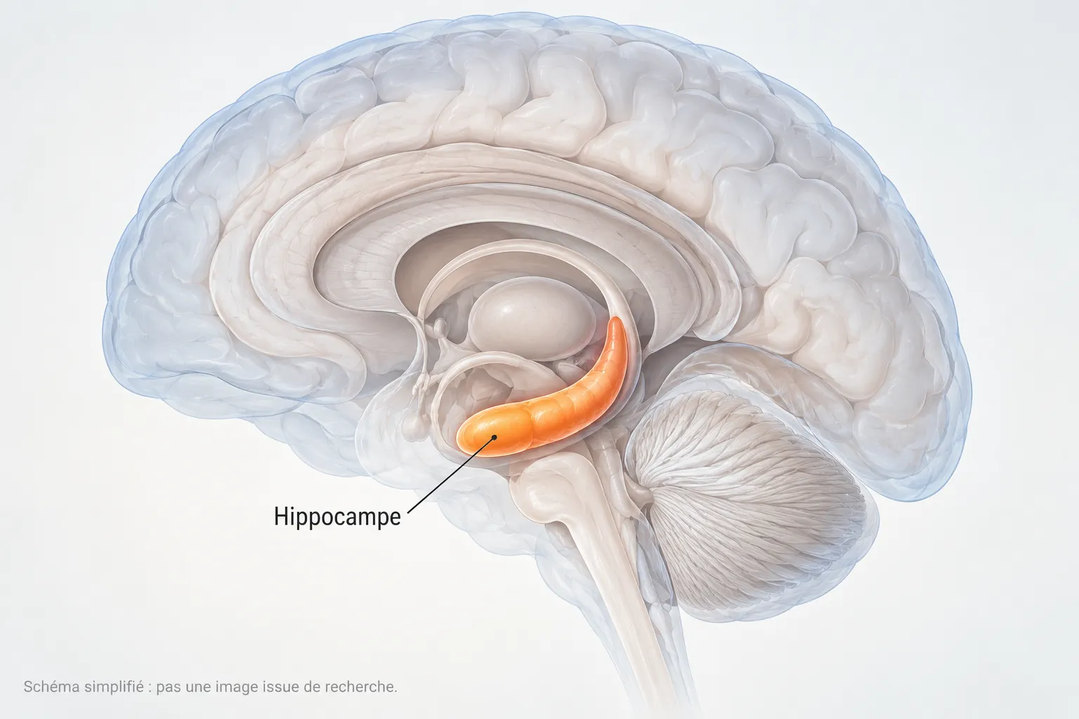 Schéma anatomique simplifié du cerveau faisant ressortir l’hippocampe.