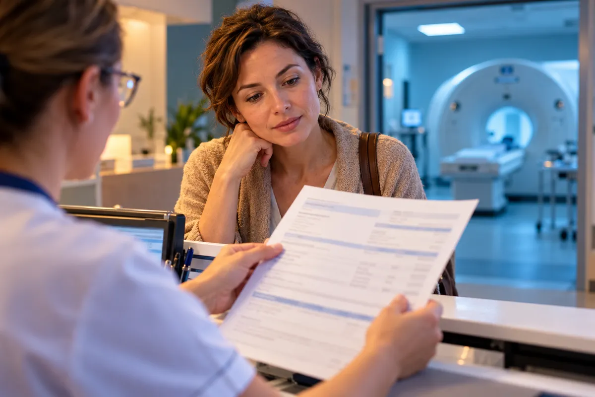 Une patiente échange sur un document de remboursement à un accueil d’imagerie médicale.