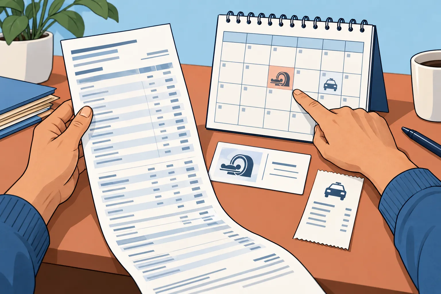 Illustration du rapprochement de documents de soins et de transport avec un calendrier.