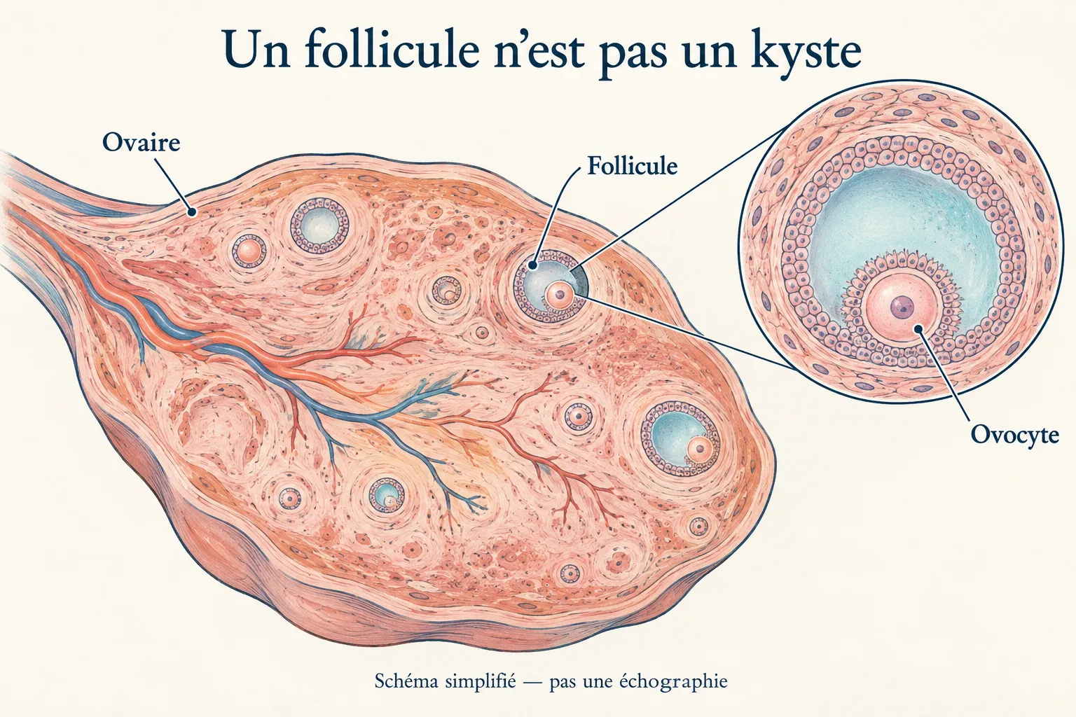 Schéma pédagogique simplifié d’un ovaire et d’un follicule contenant un ovocyte.