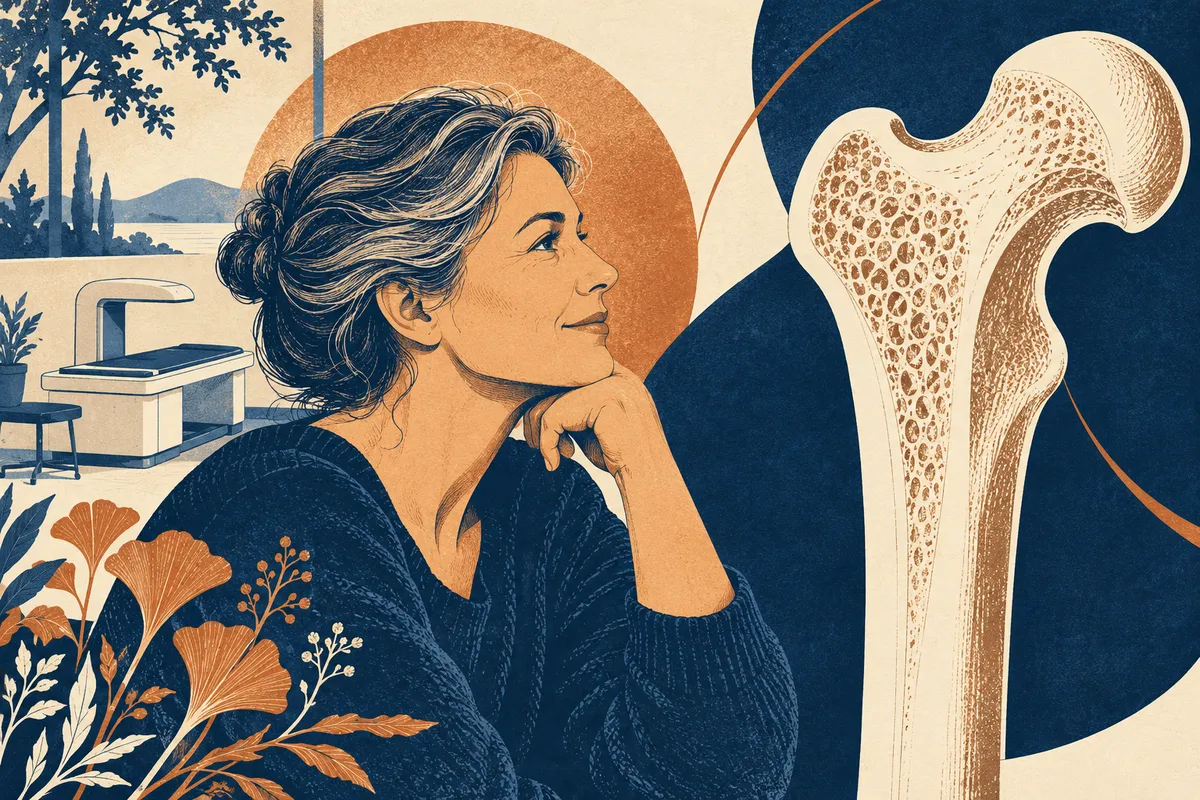 Composition dessinée associant une femme d'une cinquantaine d'années, un fémur stylisé et un appareil de mesure en arrière-plan.
