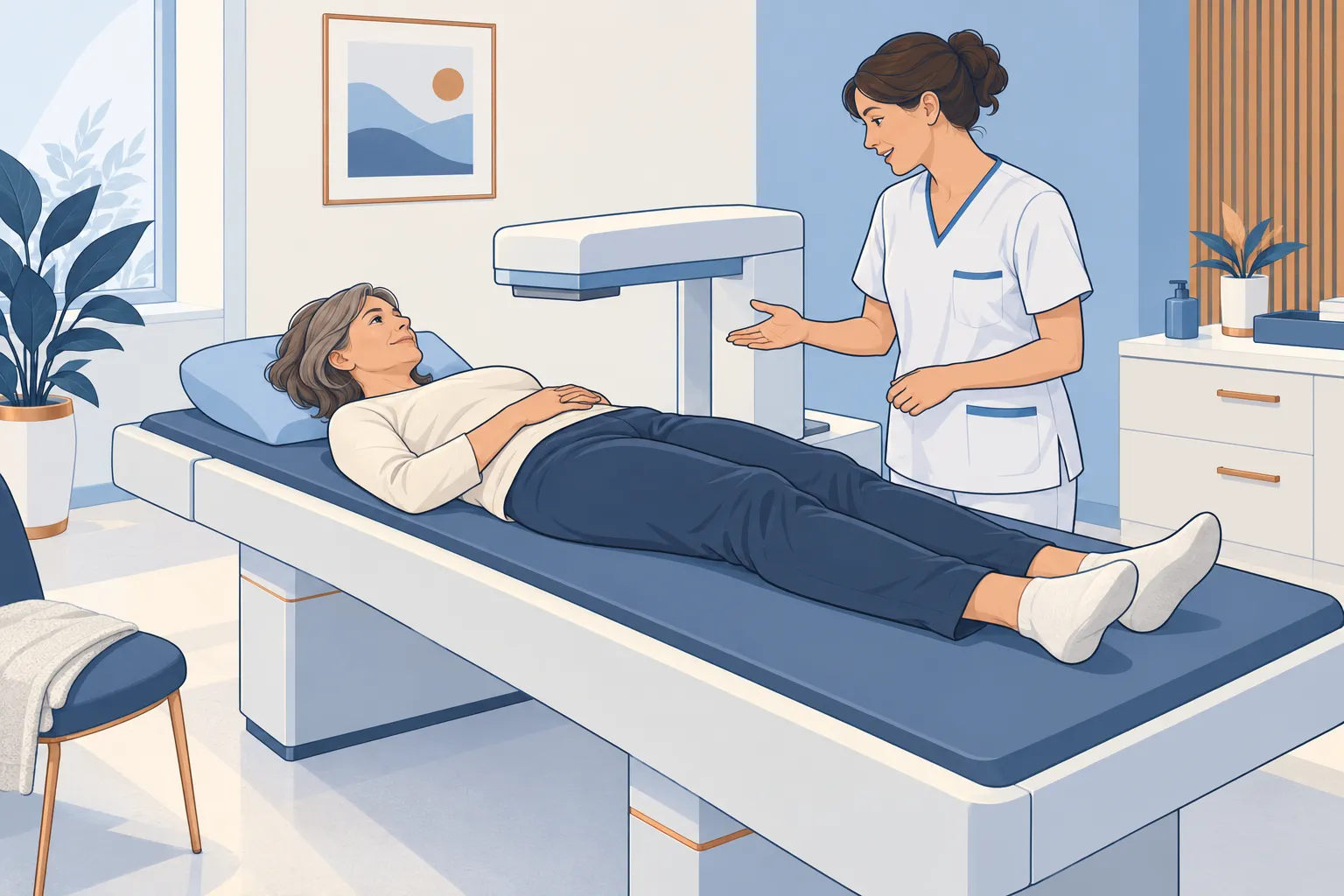 Illustration d'une femme habillée allongée sur une table ouverte d'ostéodensitométrie, avec une professionnelle à ses côtés.