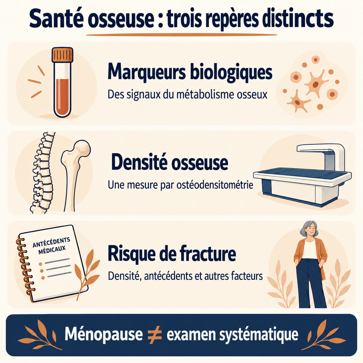 Trois repères distincts : marqueurs du métabolisme osseux, densité mesurée par ostéodensitométrie et risque de fracture évalué avec les antécédents et les autres facteurs.