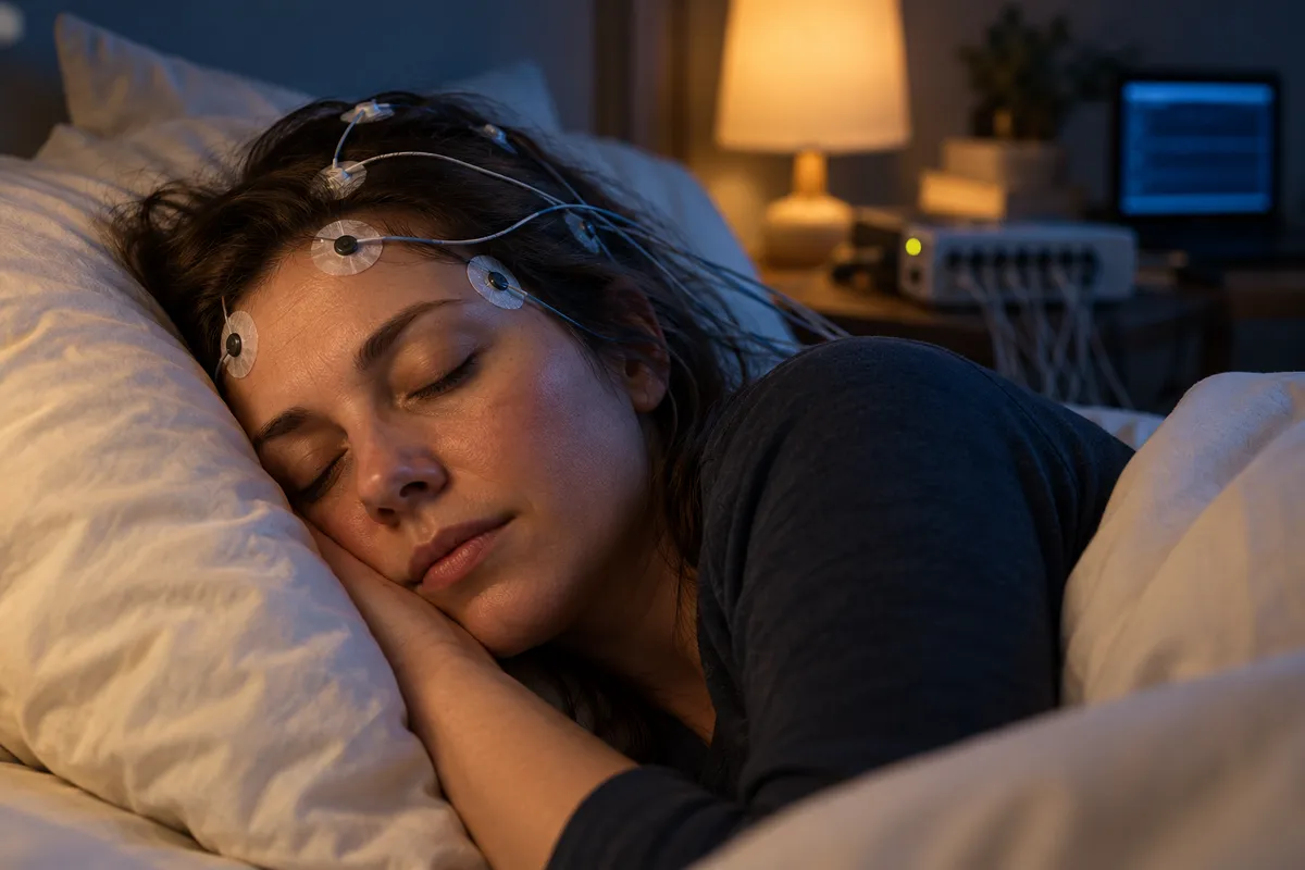 Scène illustrative de sommeil avec des électrodes EEG de surface dans une chambre sobre.