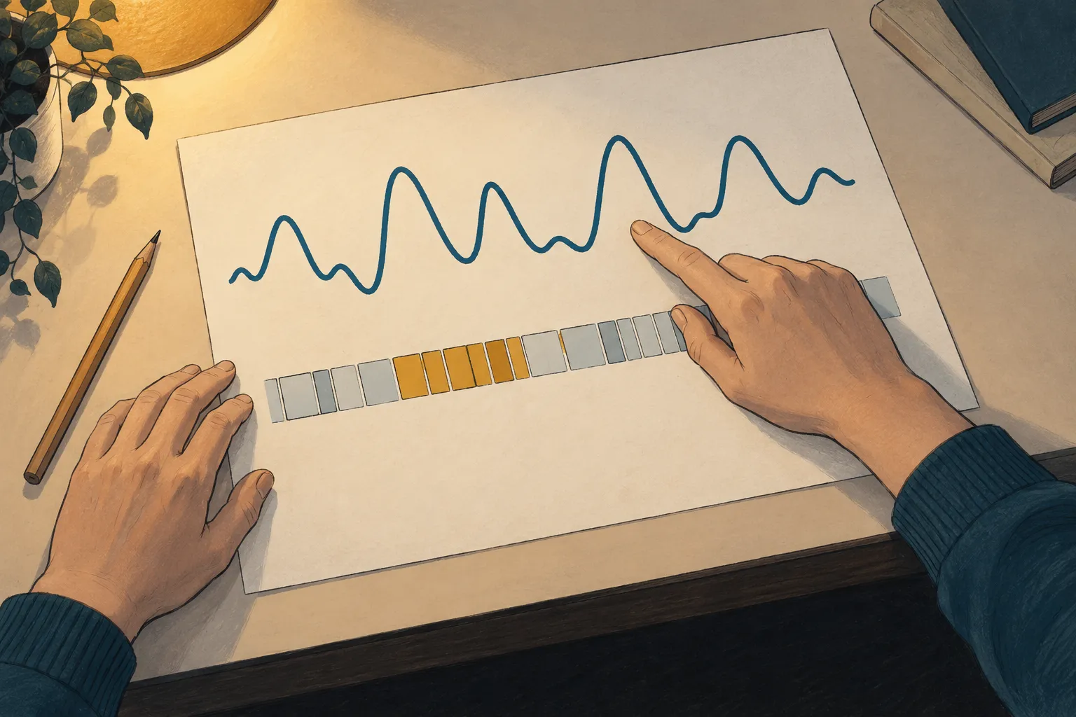 Illustration pédagogique de deux représentations distinctes : une oscillation stylisée et une succession de blocs temporels.