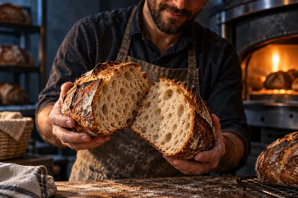 Un boulanger présente un pain cuit et sa mie près d’un four.