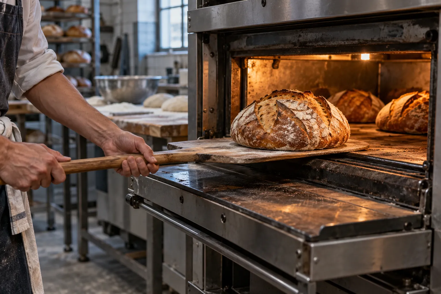Un pain est retiré d’un four avec une pelle de boulanger.