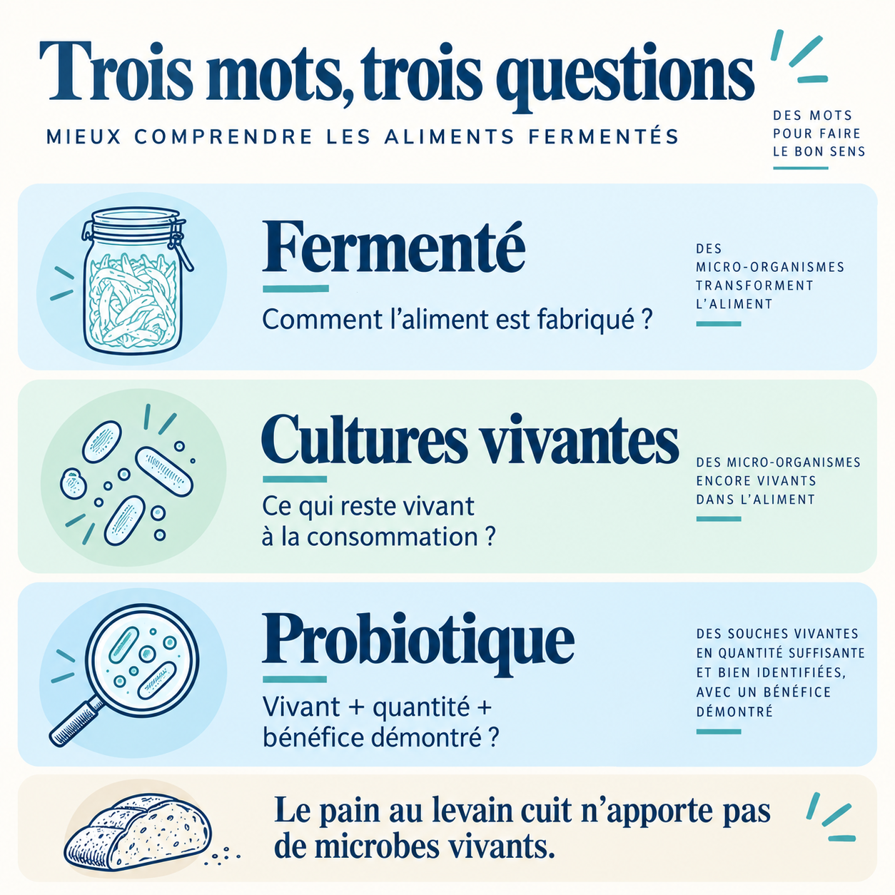 Différence entre aliment fermenté, cultures vivantes et probiotique.