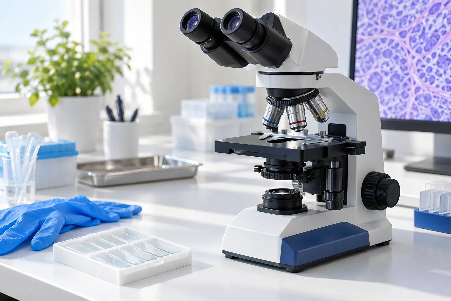 Microscope et matériel de laboratoire sans échantillon identifiable.