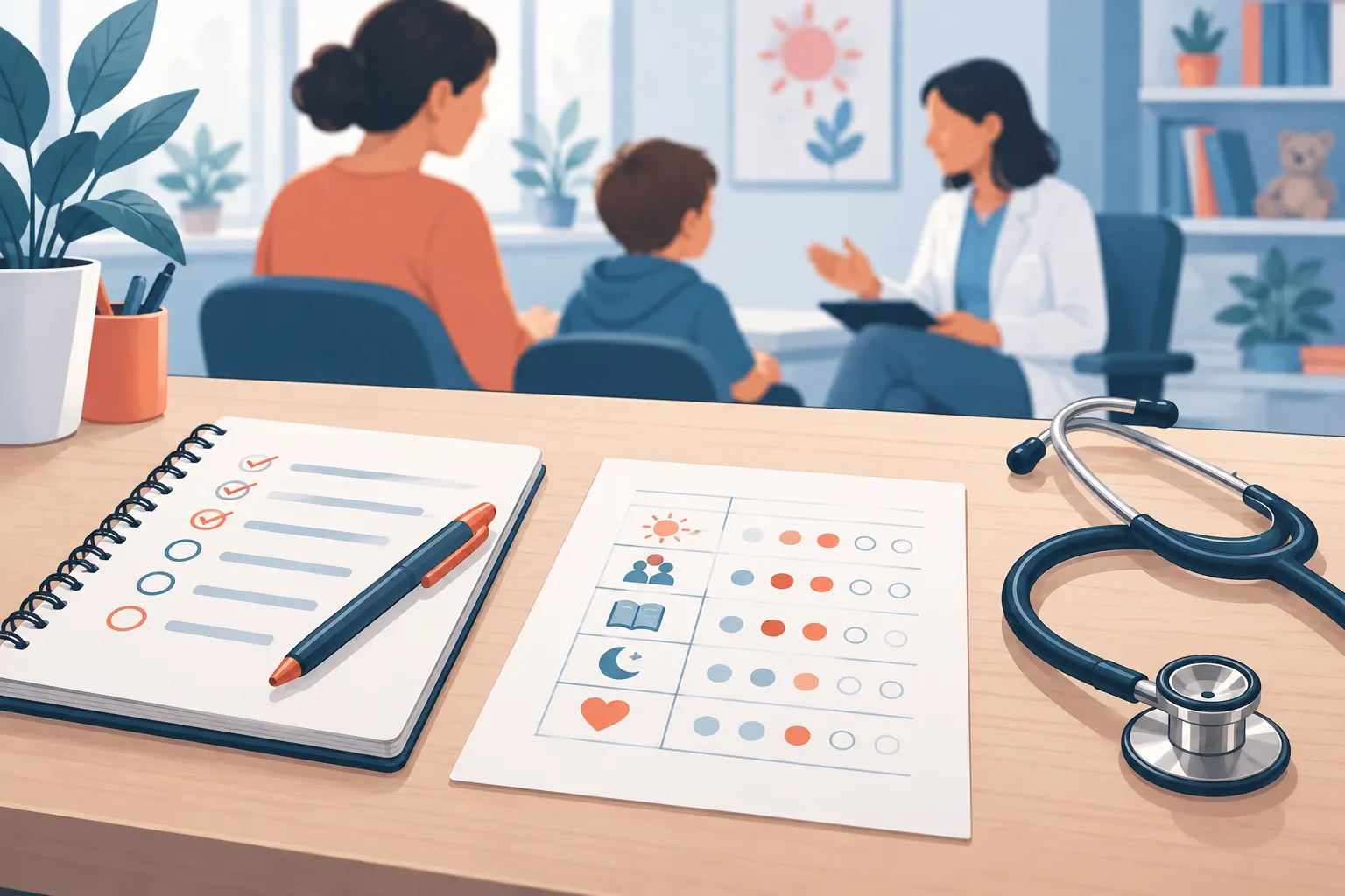 Illustration d’outils de consultation et d’observations familiales pour une évaluation clinique.