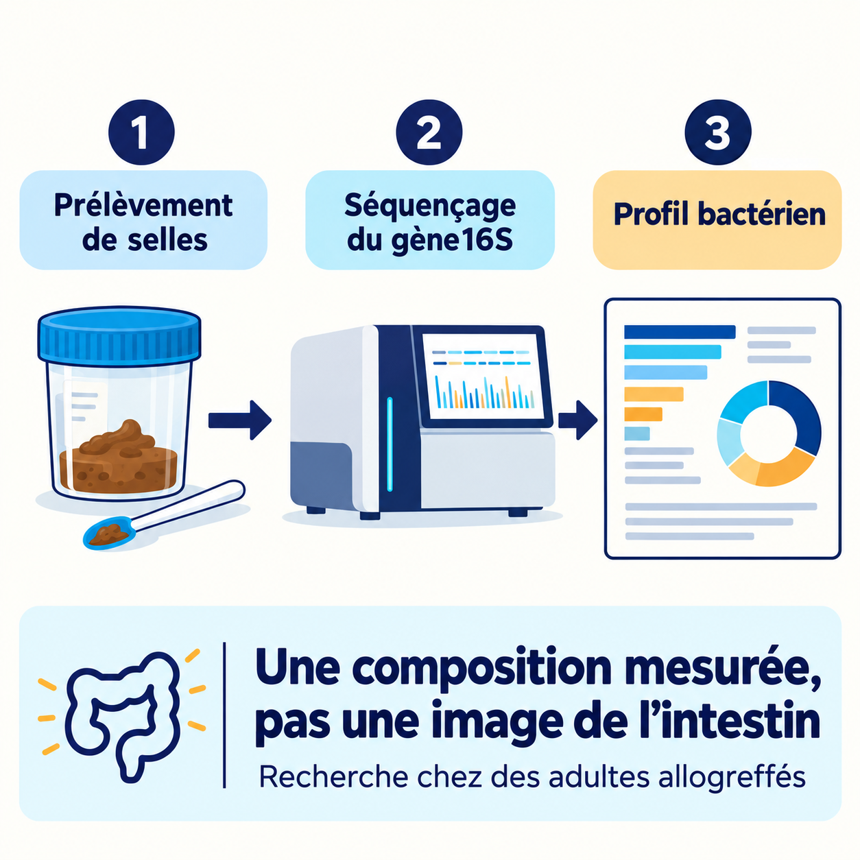 Prélèvement de selles, séquençage du gène 16S et profil bactérien : les étapes de la mesure.