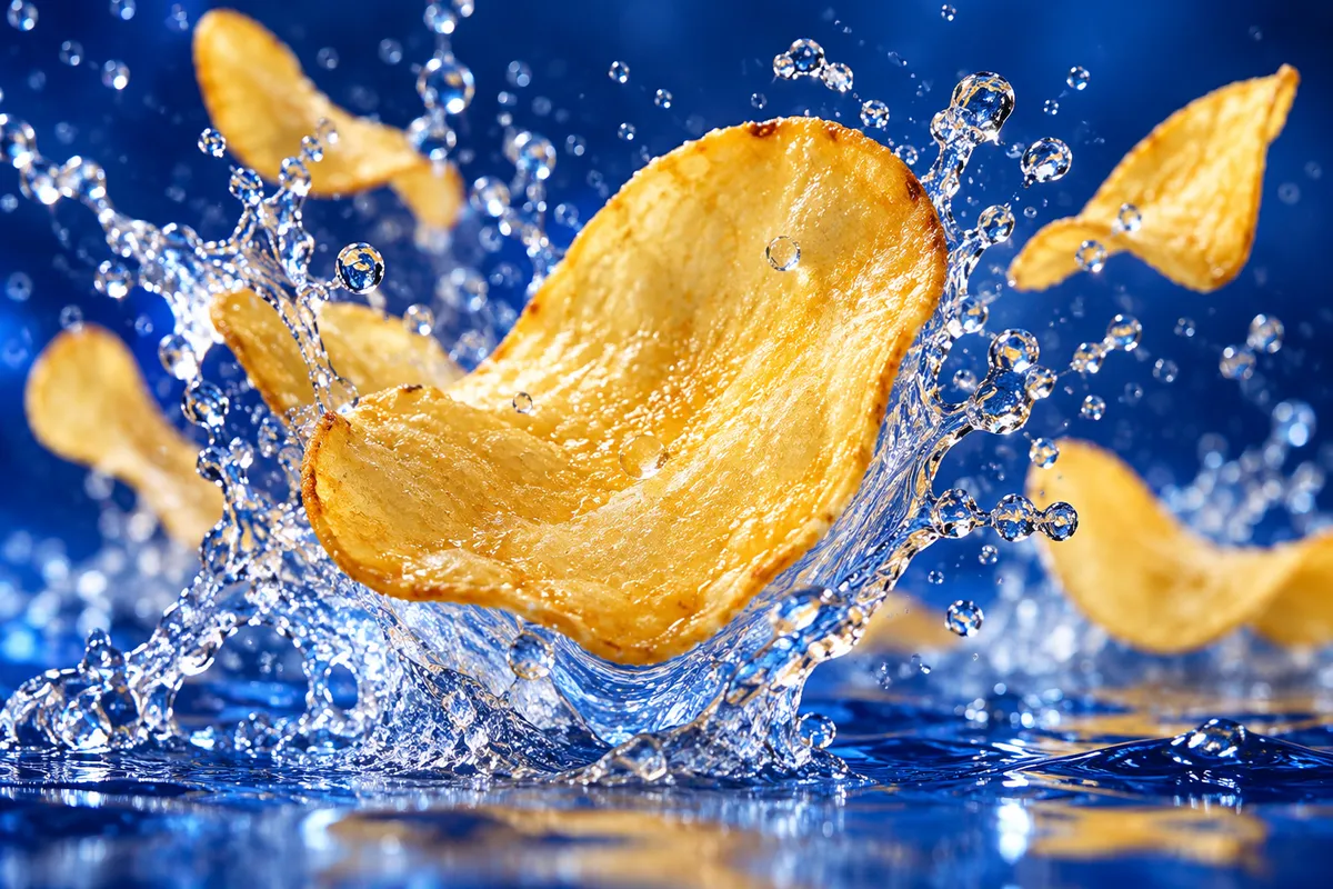 Des chips dorées et des éclaboussures d’eau sur un fond bleu.