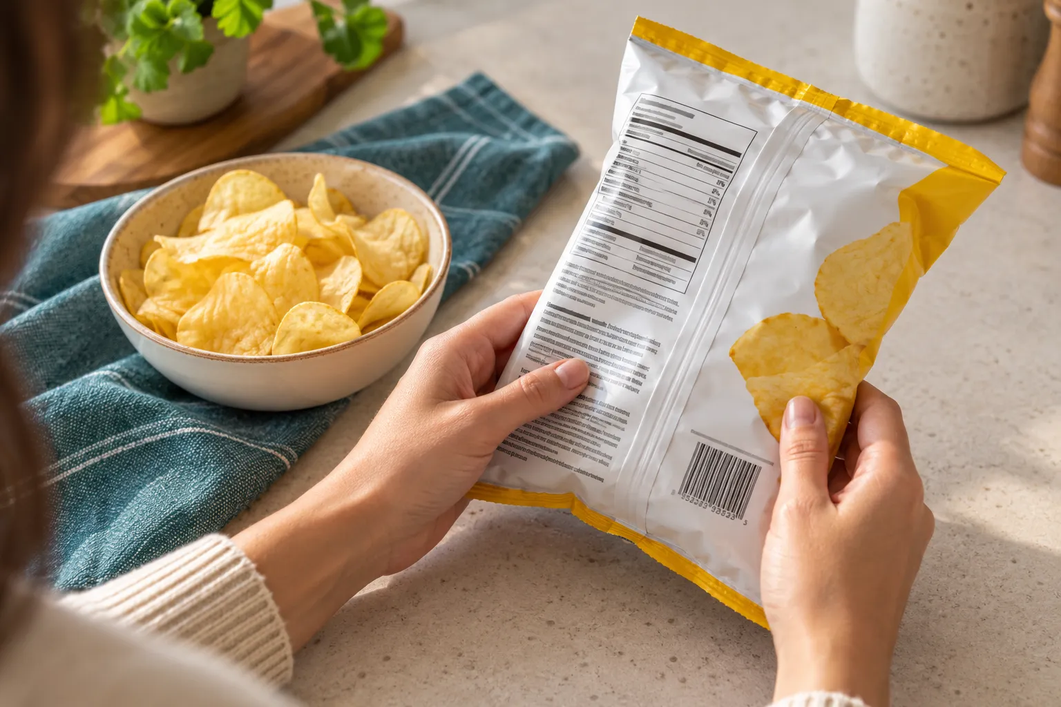 Un sachet de snack tenu près d’un bol de chips sur un plan de travail.