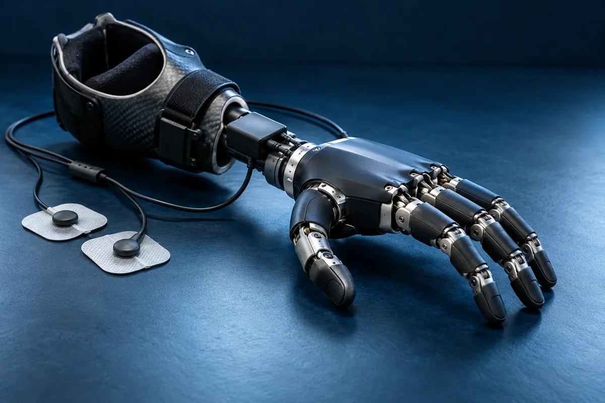 Représentation conceptuelle d’une main prothétique articulée et de son interface externe.