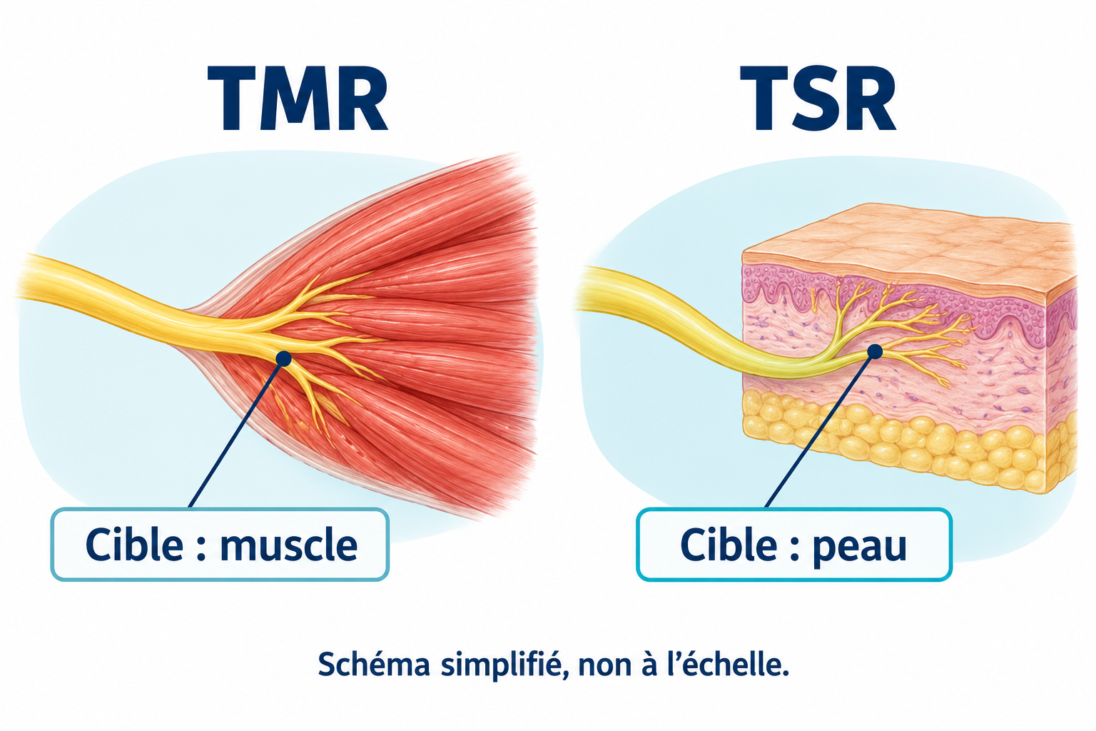 Schéma conceptuel : la TMR vise une cible musculaire, la TSR une cible cutanée.