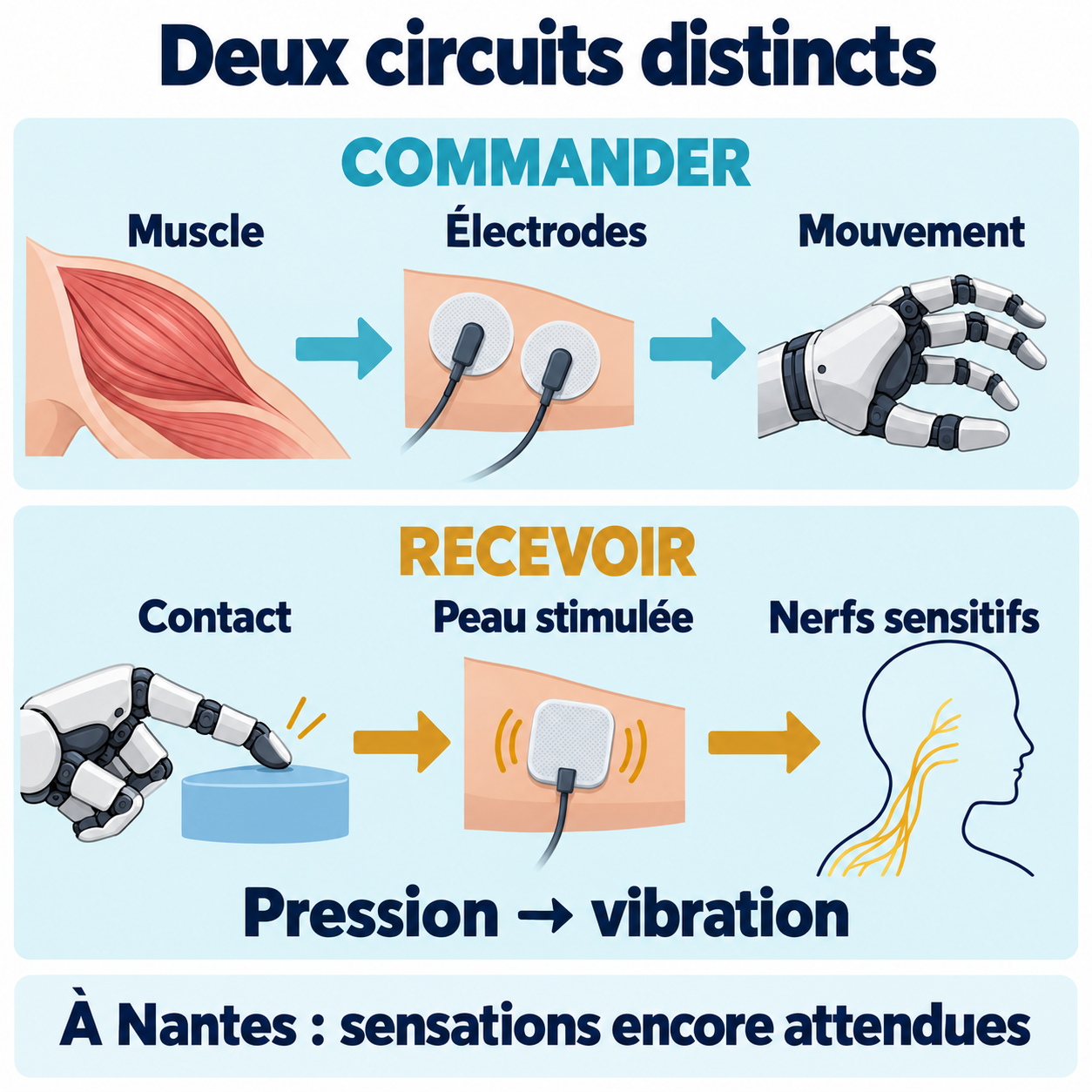 Deux circuits : du muscle aux électrodes et au mouvement ; du contact à la peau stimulée puis aux nerfs sensitifs.