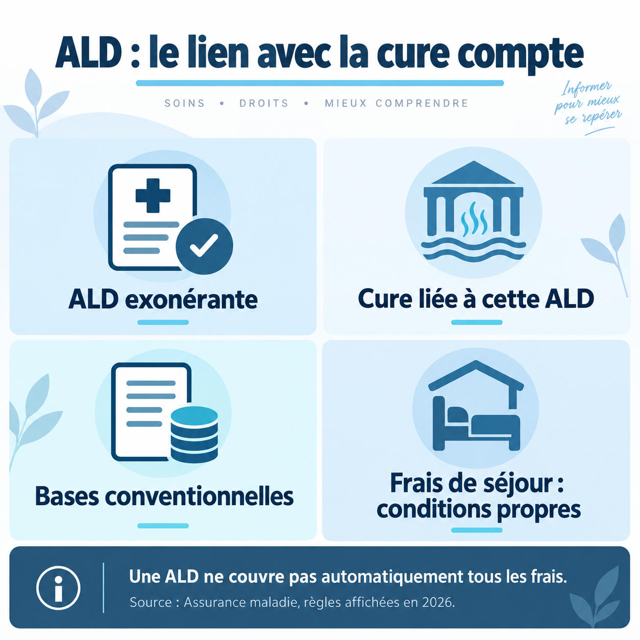 L’exonération du ticket modérateur suppose une cure liée à une ALD exonérante ; les frais du séjour ont leurs propres conditions.