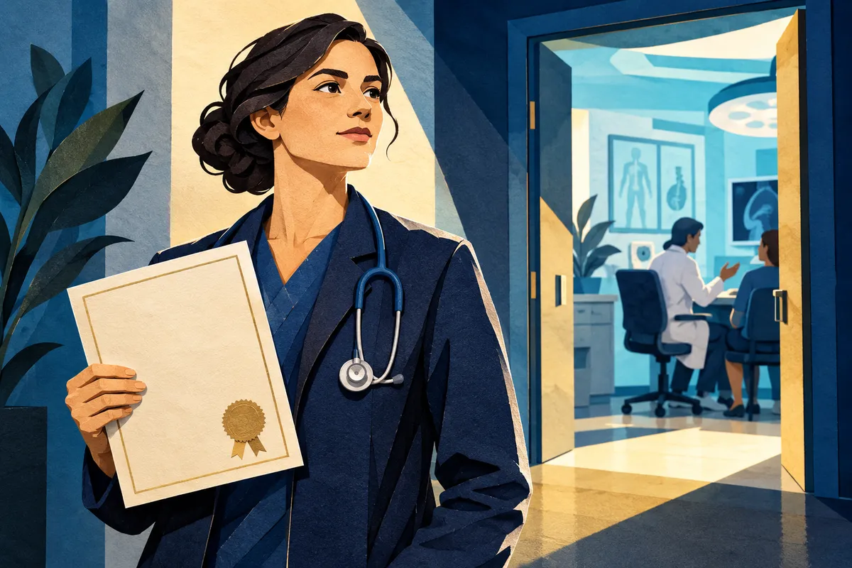 Médecin tenant un dossier dans une composition consacrée aux autorisations professionnelles.