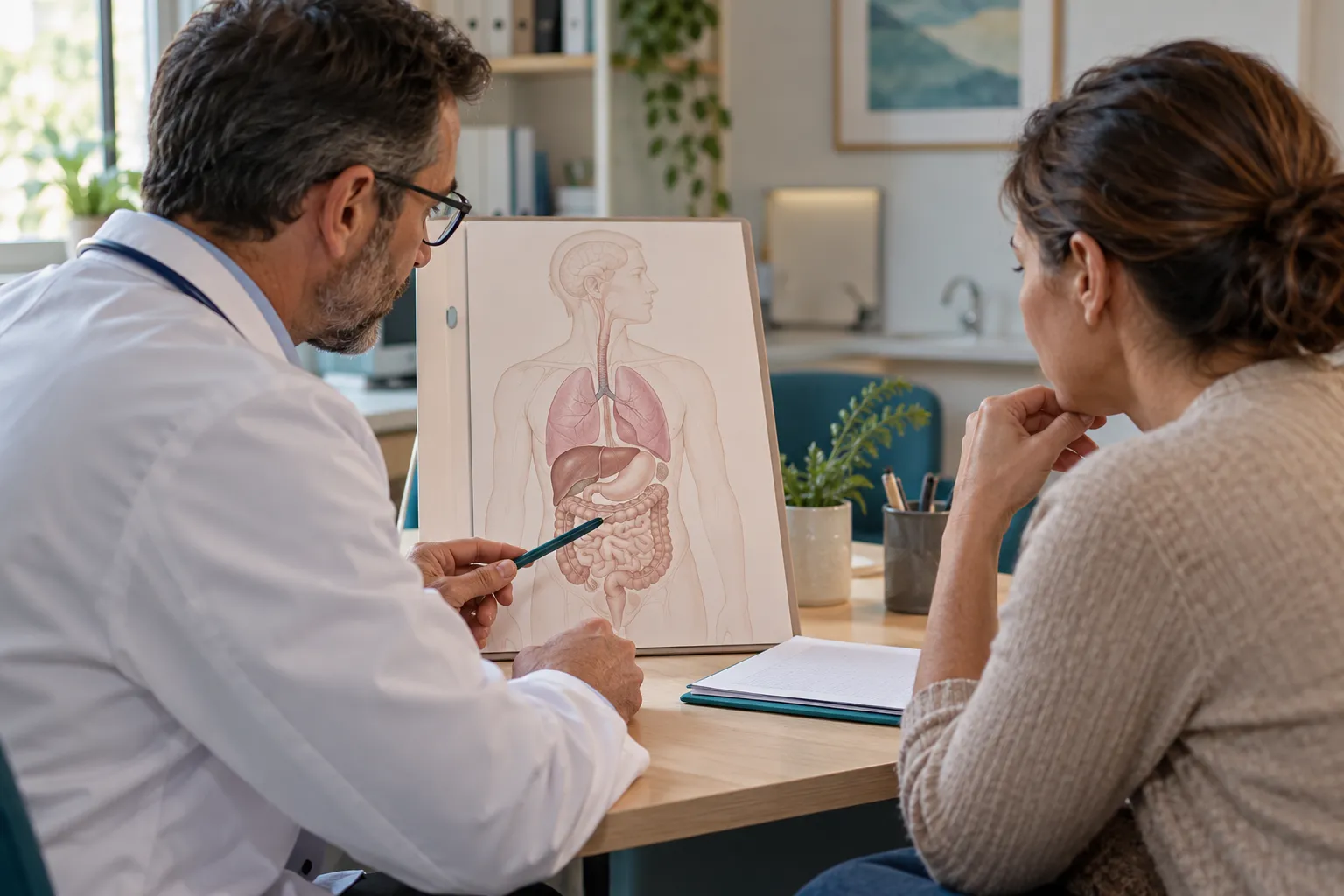 Un médecin spécialiste explique un document à une personne reçue en consultation.