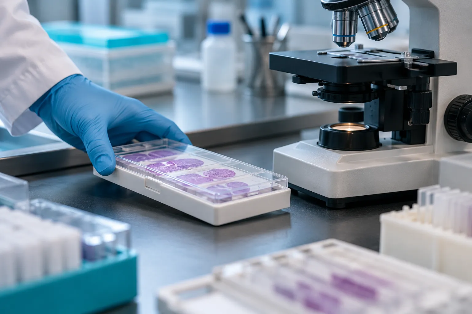 Main gantée près d’un plateau de lames et d’un microscope au laboratoire.