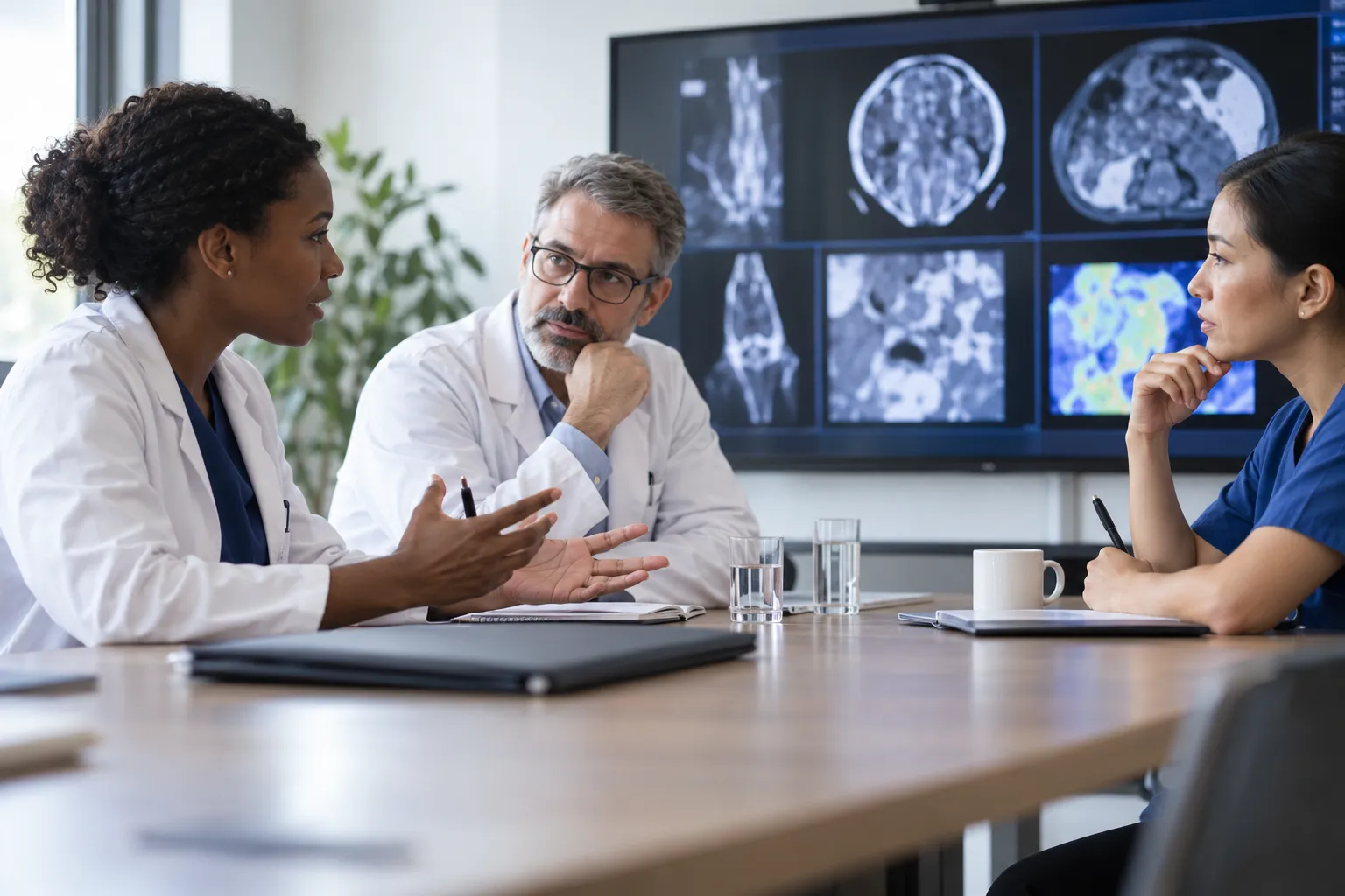 Professionnels de santé réunis autour d’un dossier et d’images médicales non identifiantes.