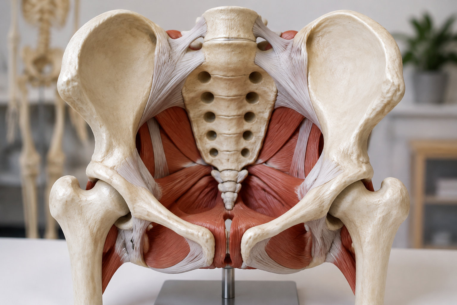 Une maquette anatomique du bassin montre les os du bassin, le sacrum et les muscles environnants, posée sur un socle dans une salle de cours.