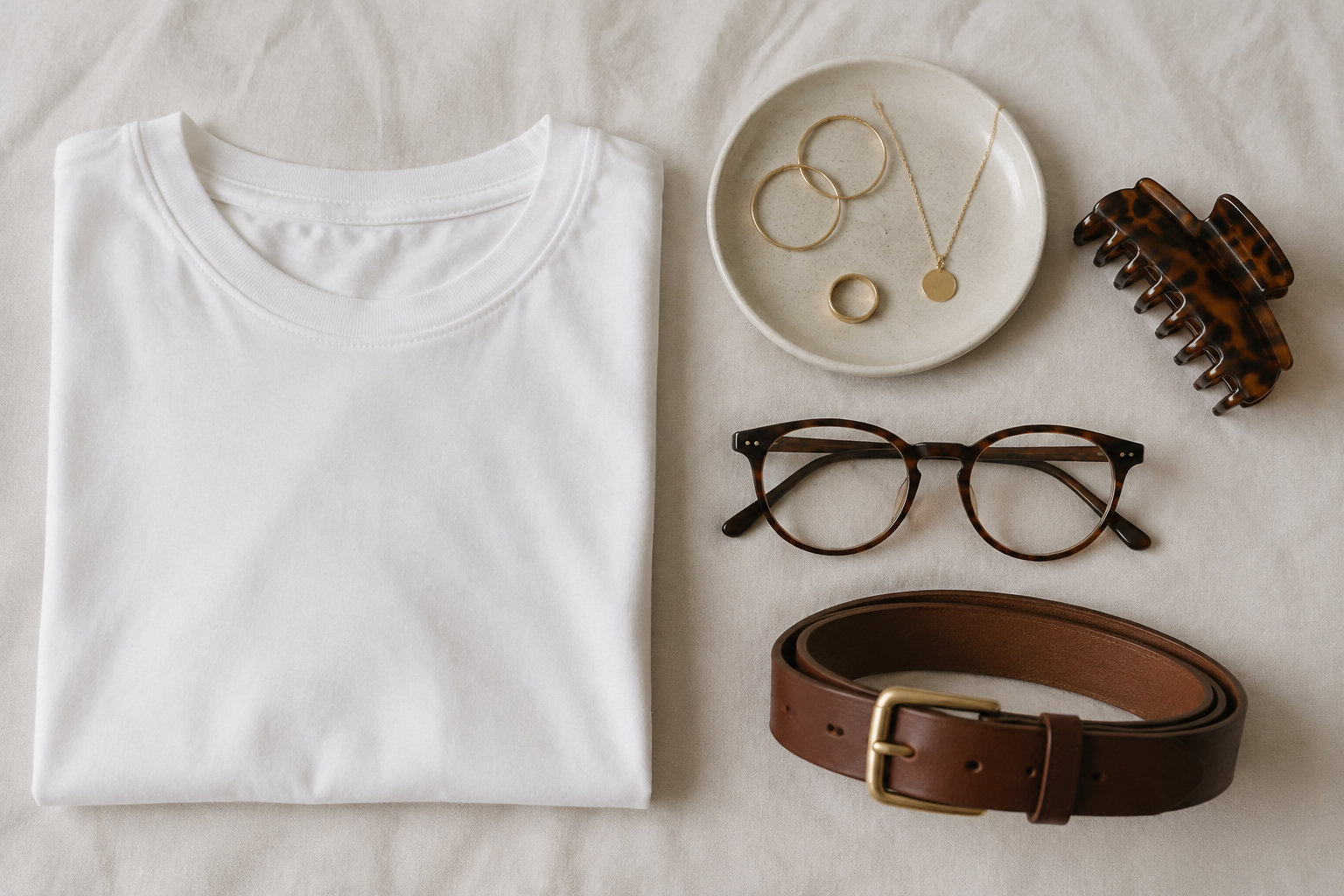Un tee-shirt blanc plié est disposé avec des bijoux dorés, des lunettes à monture écaille, une pince à cheveux et une ceinture en cuir brun sur un tissu clair.