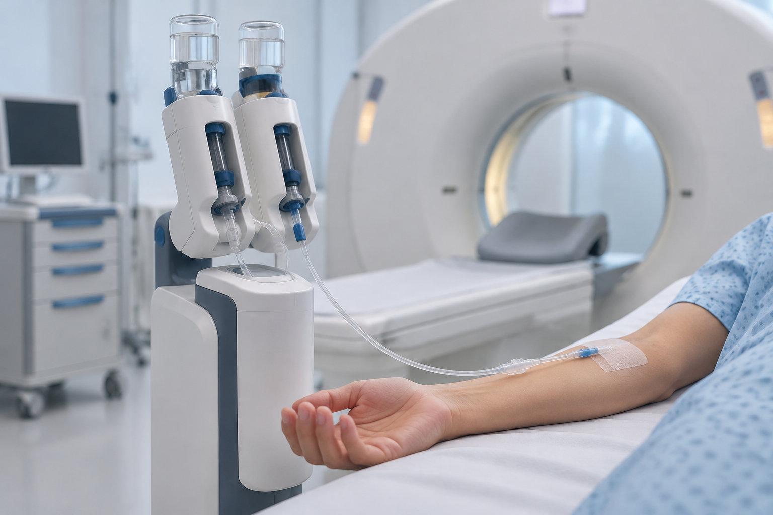 Un patient allongé dans une salle de soins reçoit une perfusion reliée à un appareil, avec un scanner médical en arrière-plan.