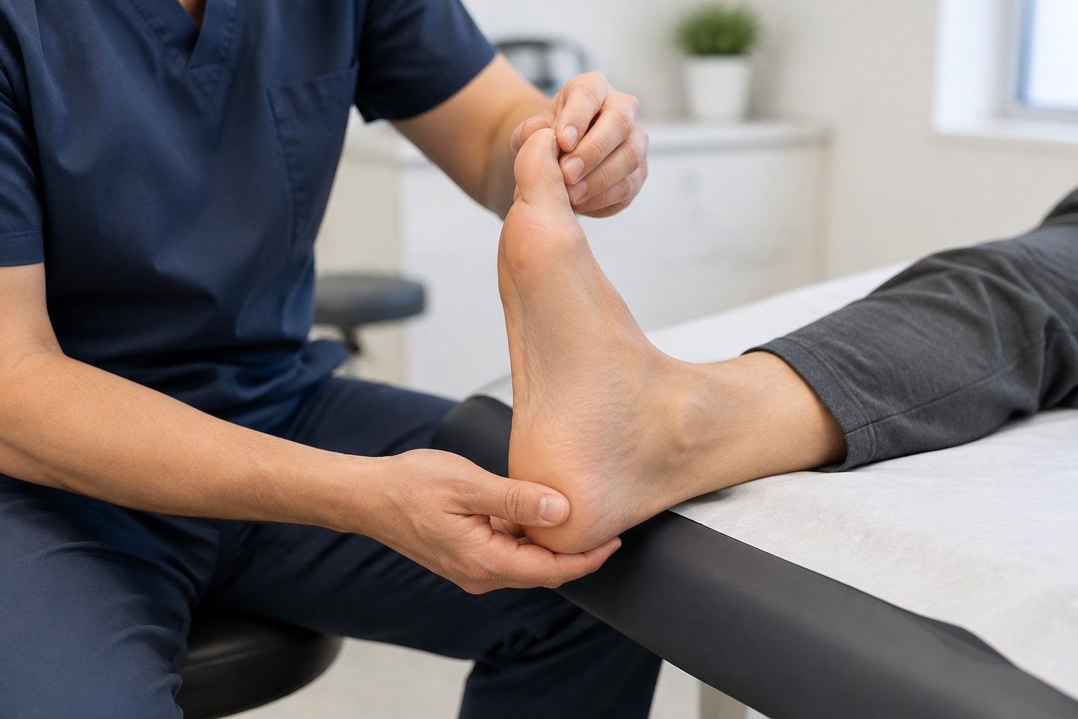 Un professionnel de santé en tenue bleue manipule le pied d’une personne allongée sur une table d’examen.