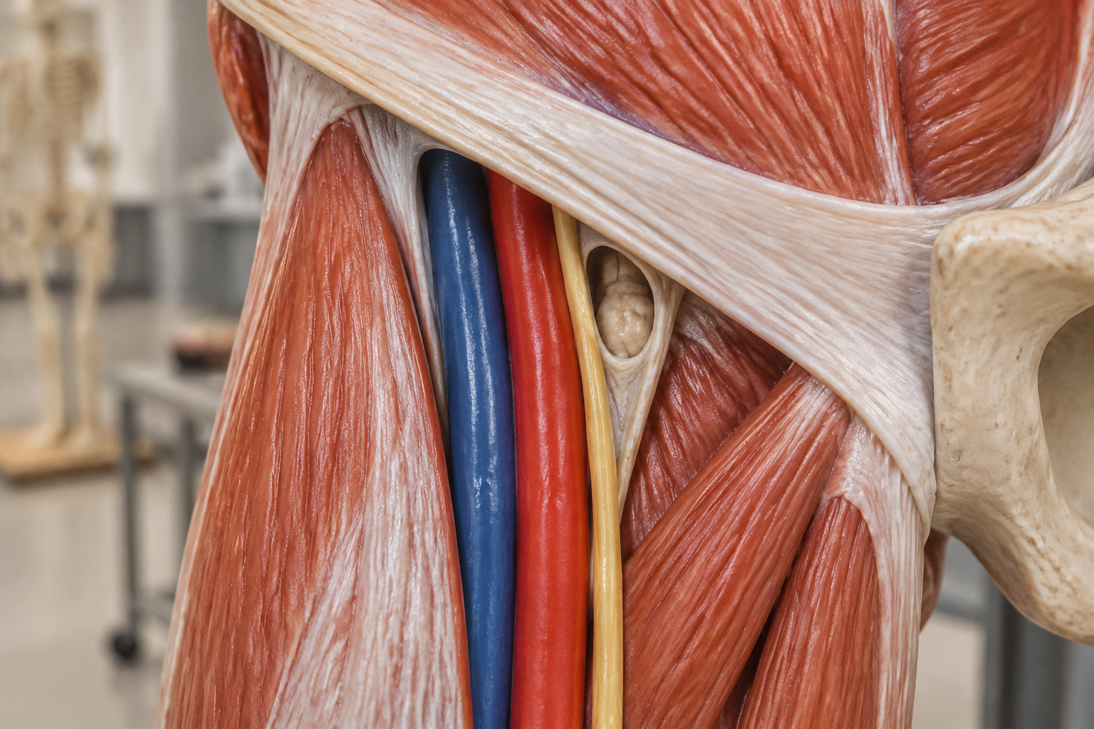 Gros plan d’un modèle anatomique montrant les muscles, des vaisseaux sanguins, un nerf et un os de la cuisse.