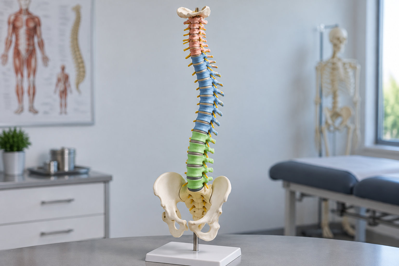 Une maquette colorée de la colonne vertébrale et du bassin est posée sur une table dans un cabinet médical, avec un squelette et des affiches anatomiques en arrière-plan.