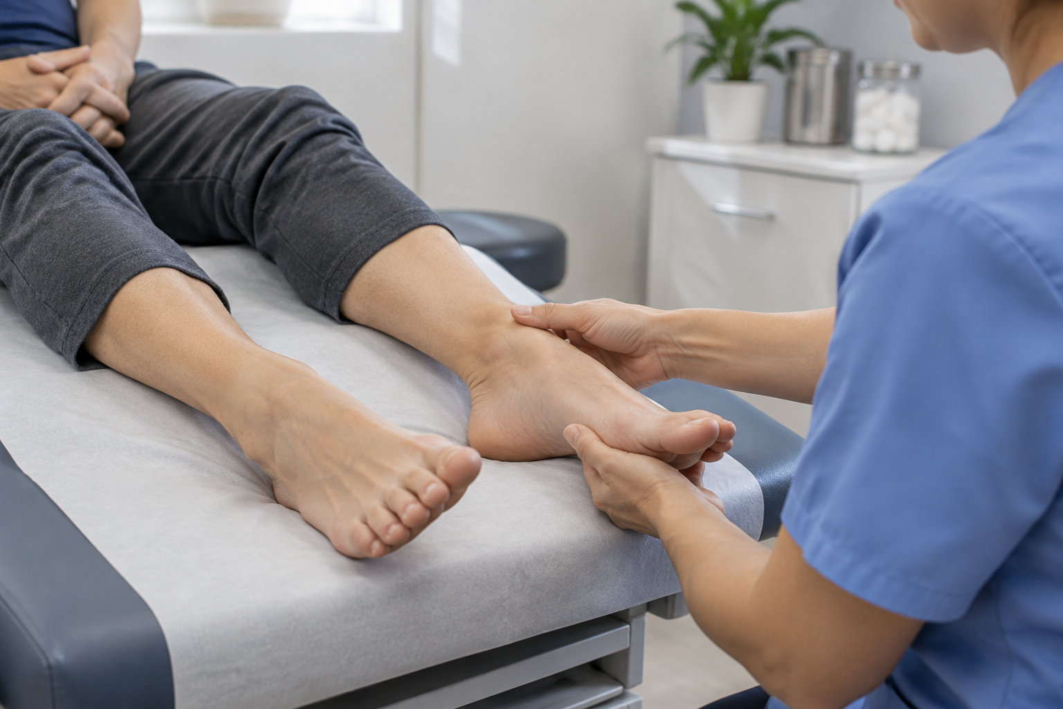 Un professionnel de santé en blouse bleue manipule les pieds d’une personne allongée sur une table d’examen.