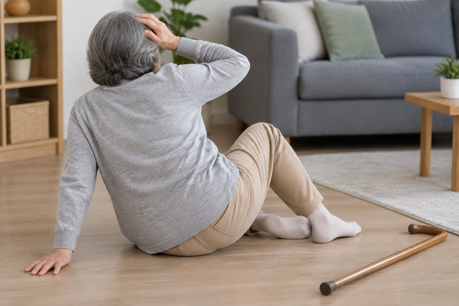 Une personne âgée est assise au sol dans un salon, une main sur la tête et une canne posée à proximité.