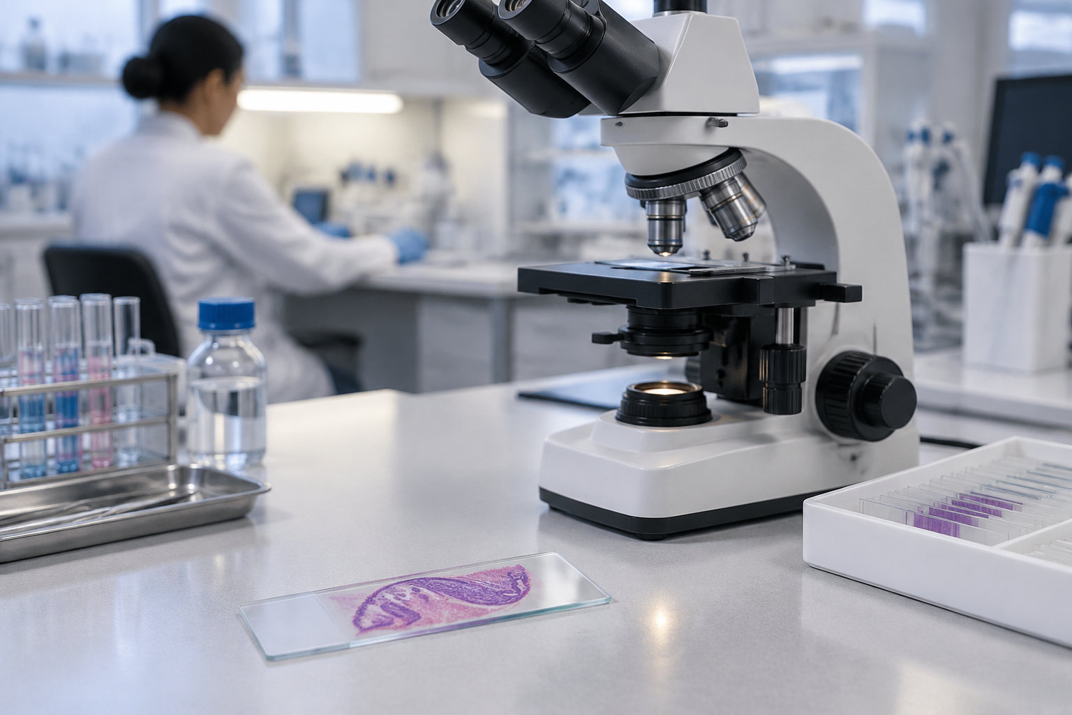 Un microscope est posé sur une paillasse de laboratoire, près de lames colorées, de tubes à essai et d’un flacon, tandis qu’une personne travaille en arrière-plan.