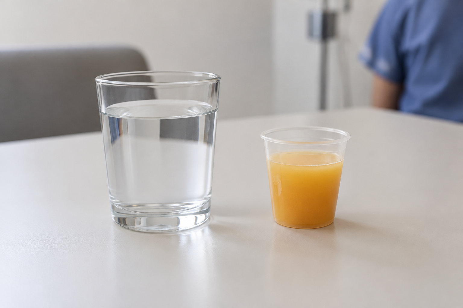 Un verre d’eau et un petit gobelet de liquide orangé sont posés sur une table, avec une personne en blouse bleue floue à l’arrière-plan.