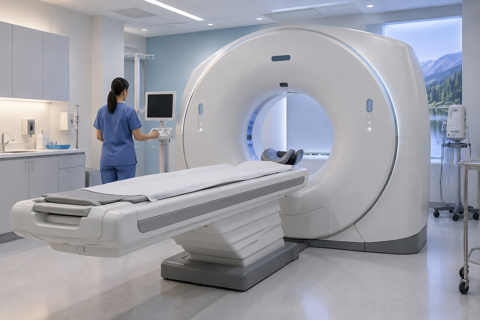 Une professionnelle en blouse bleue manipule la console d’un grand appareil d’imagerie médicale dans une salle d’examen.