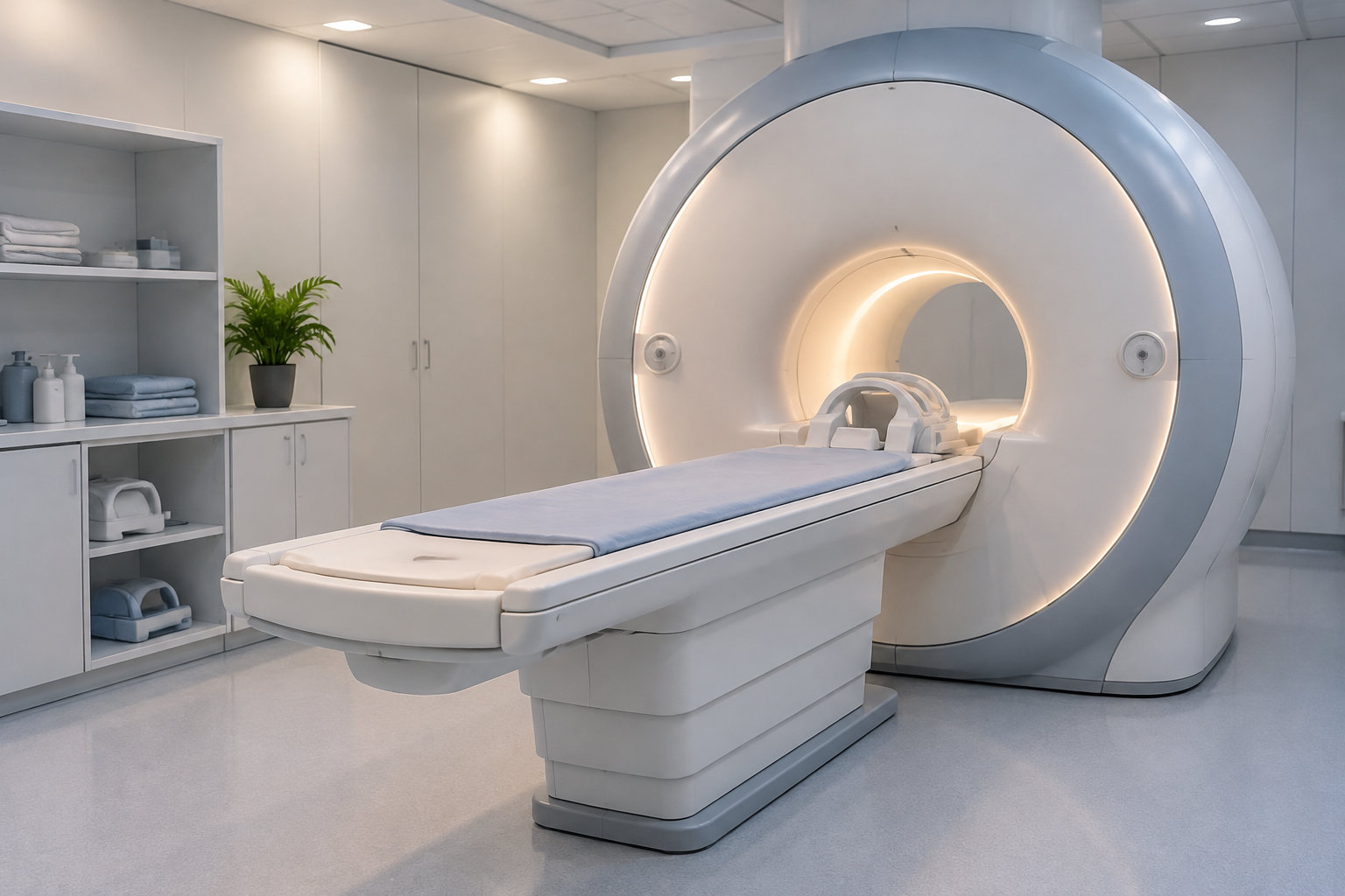 Un appareil d’imagerie médicale avec une table d’examen se trouve dans une salle claire, à côté d’étagères contenant des serviettes et des flacons.