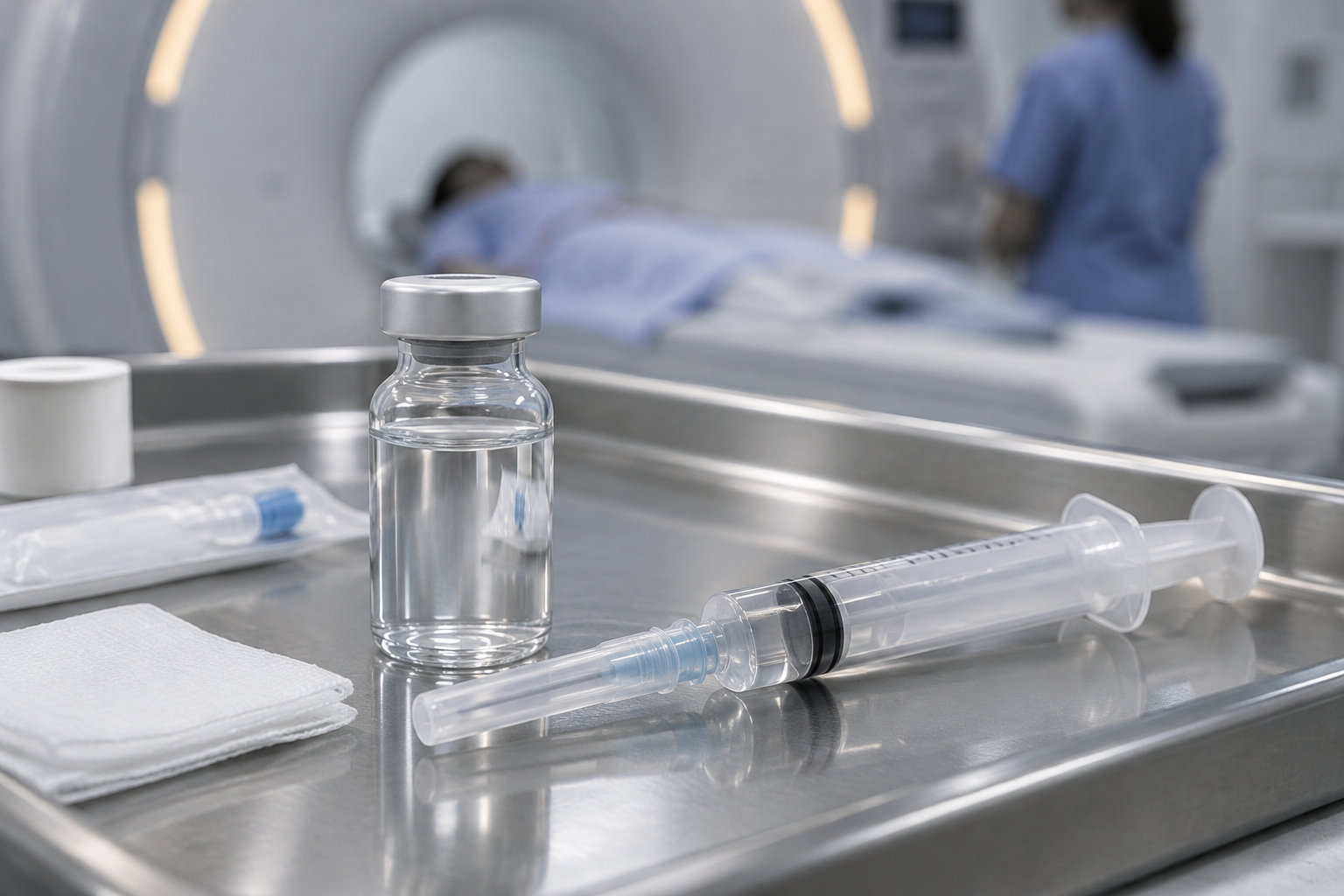 Un flacon transparent et une seringue sont posés sur un plateau métallique, devant un patient allongé dans un appareil d’imagerie et un membre du personnel soignant.