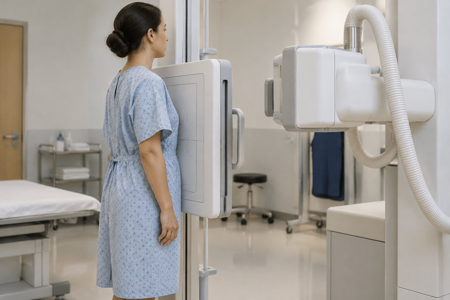 Une femme en blouse d’hôpital se tient debout devant un appareil de radiographie dans une salle d’examen.