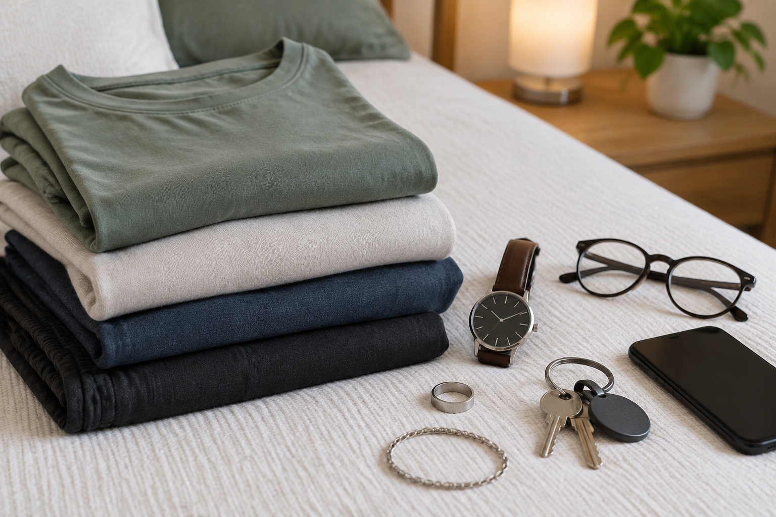 Des vêtements pliés, une montre, des lunettes, un téléphone, des clés et des bijoux sont disposés sur un lit.