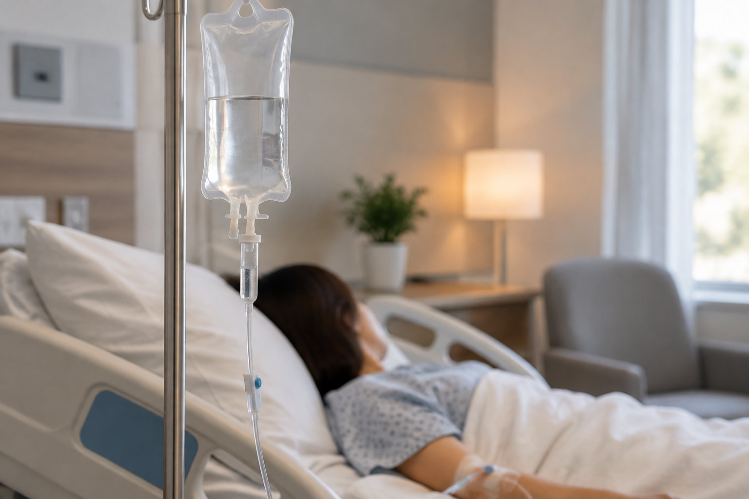 Une personne est allongée dans un lit d’hôpital, reliée à une poche de perfusion dans une chambre éclairée par une lampe.