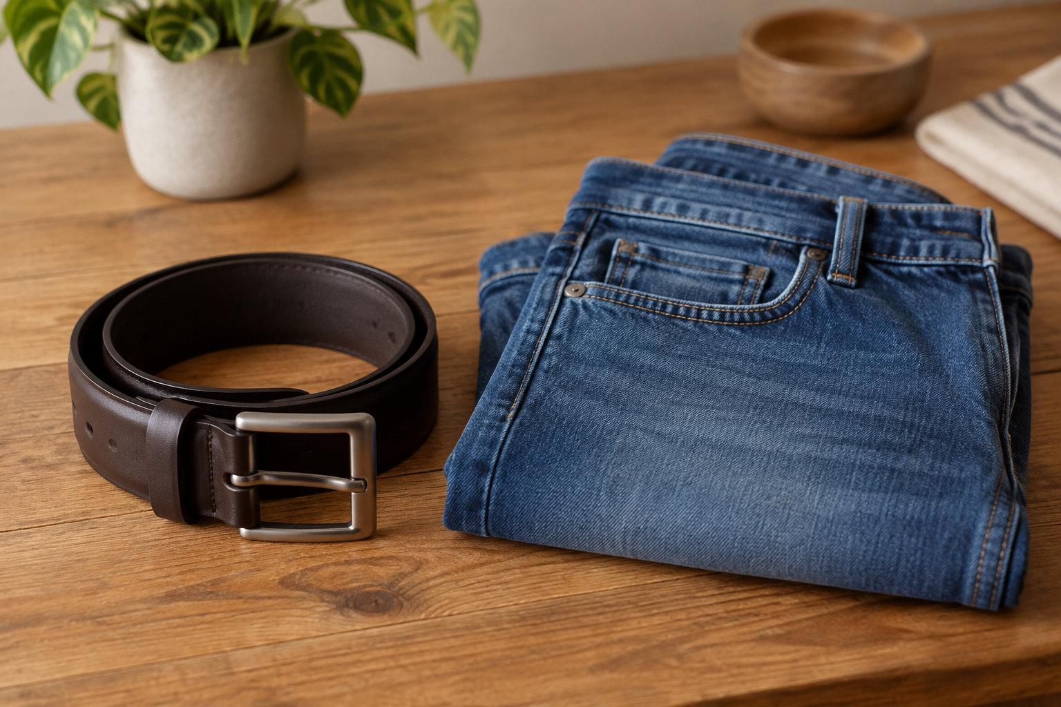 Un jean bleu plié et une ceinture en cuir brun sont posés sur une table en bois, avec une plante en pot et un bol en arrière-plan.